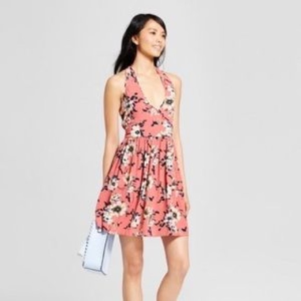 Xhiliration pink halter floral dress